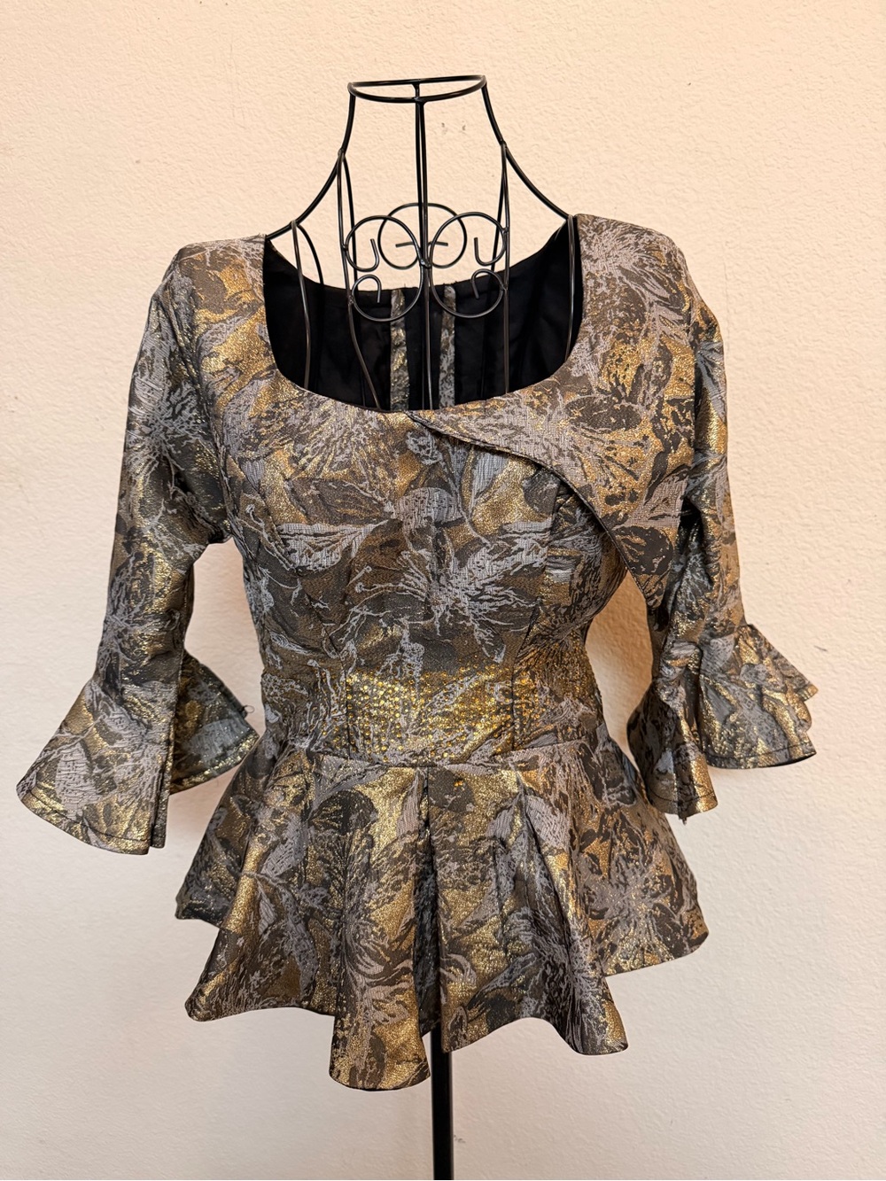 Gold and Black Floral Peplum Blouse with Ruffled Sleeves